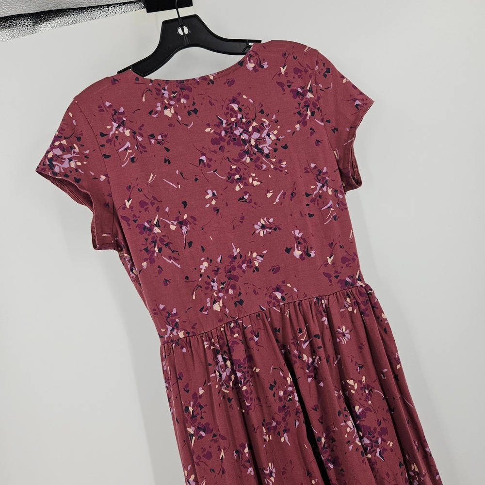Pact Fit & Flare Crossover Dress Maroon Floral Short Sleeve Faux Wrap Mini Sz M - Picture 11 of 11